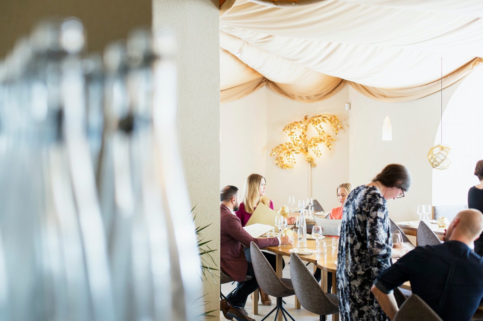 Friends and business people in Lebanese restaurant